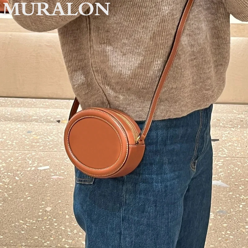 Genuine Leather Women Mini Bag 2024 New Fashion Casual All-match Shoulder Crossbody Small Round Bag Pink Cute Bag Vintage Purse