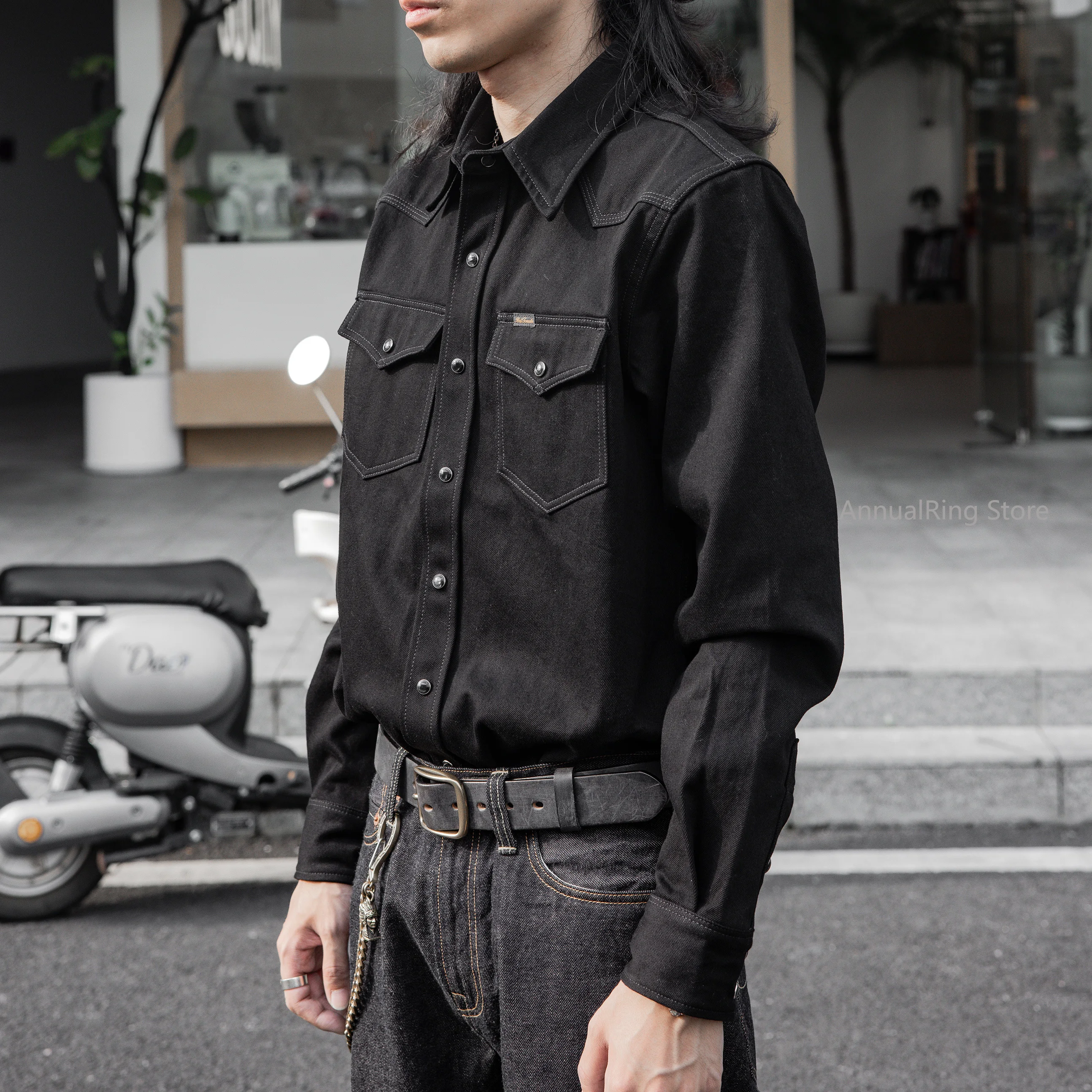 Red Tornado 14oz Denim Western Shirt in Black Rugged Americana Style Men's Long Sleeve Workshirt