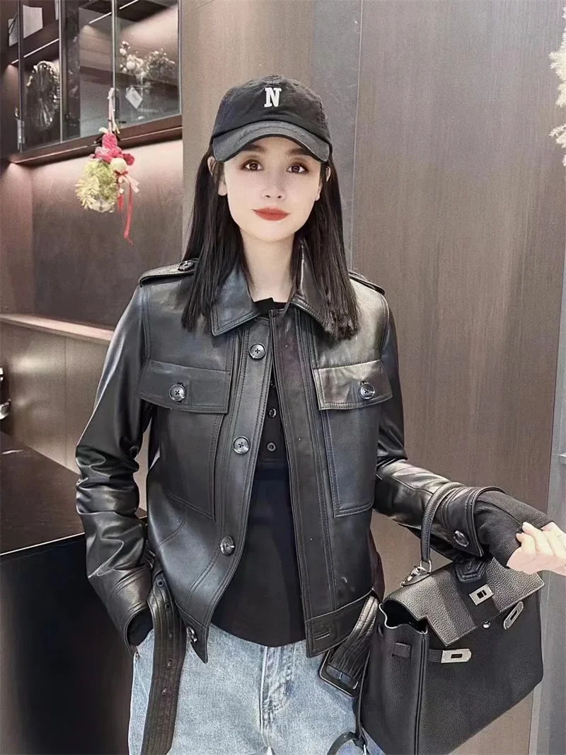 海寧2025新作レザージャケット レディース 本革シープスキン バイク用 ショートスタイル チェン夫人と同じスタイル