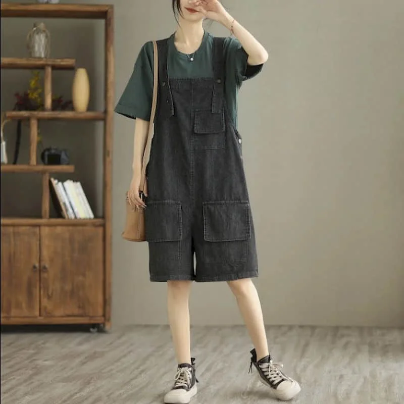 Denim Jumpsuit for Women Vintage Korean Style One Piece Outfit Casual Loose Solid New Summer Clothing for Women Cropped Jeans