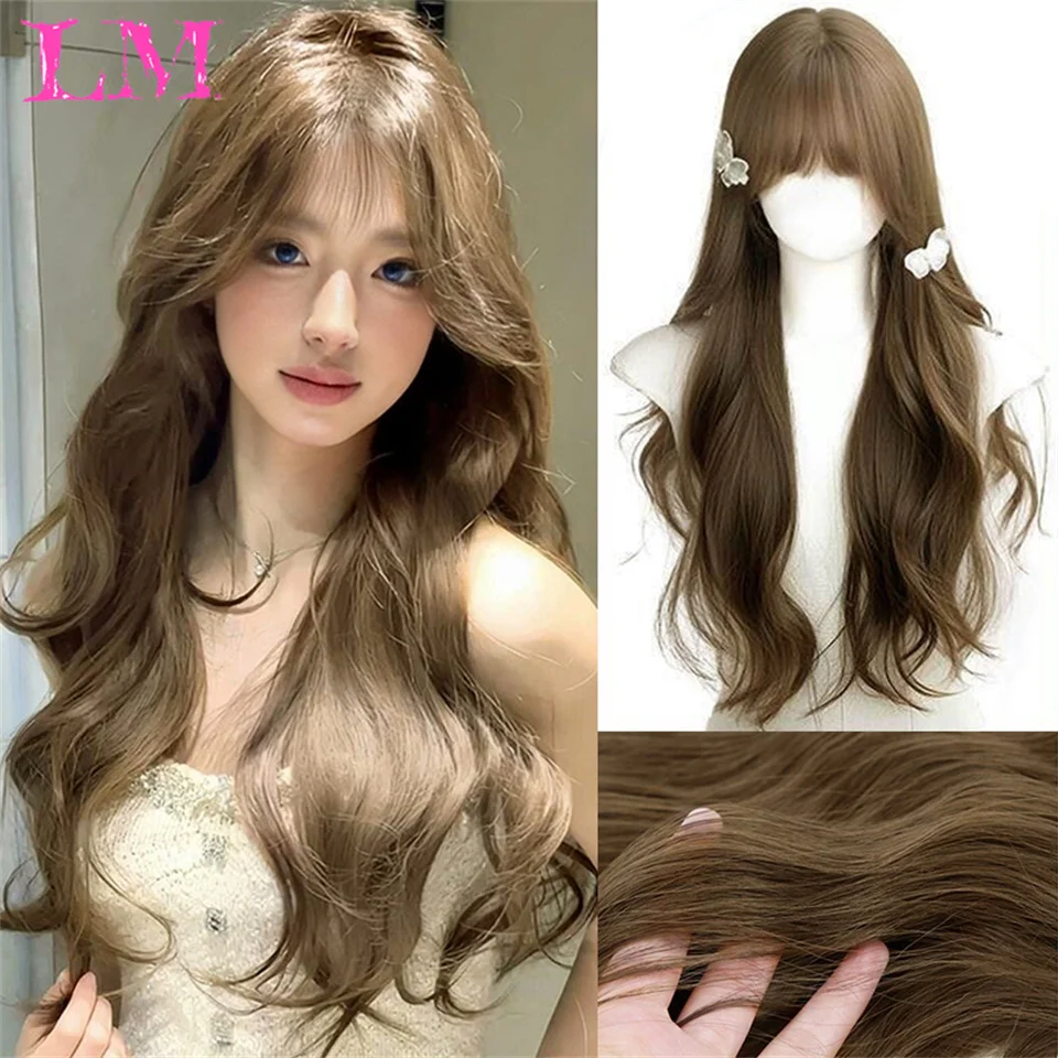 LM Synthetic Loose Body Wave Wigs Long Brown Blonde Ombre Wig with Bangs Wave Curl Wigs for Black Women Heat Resistant Daily Par