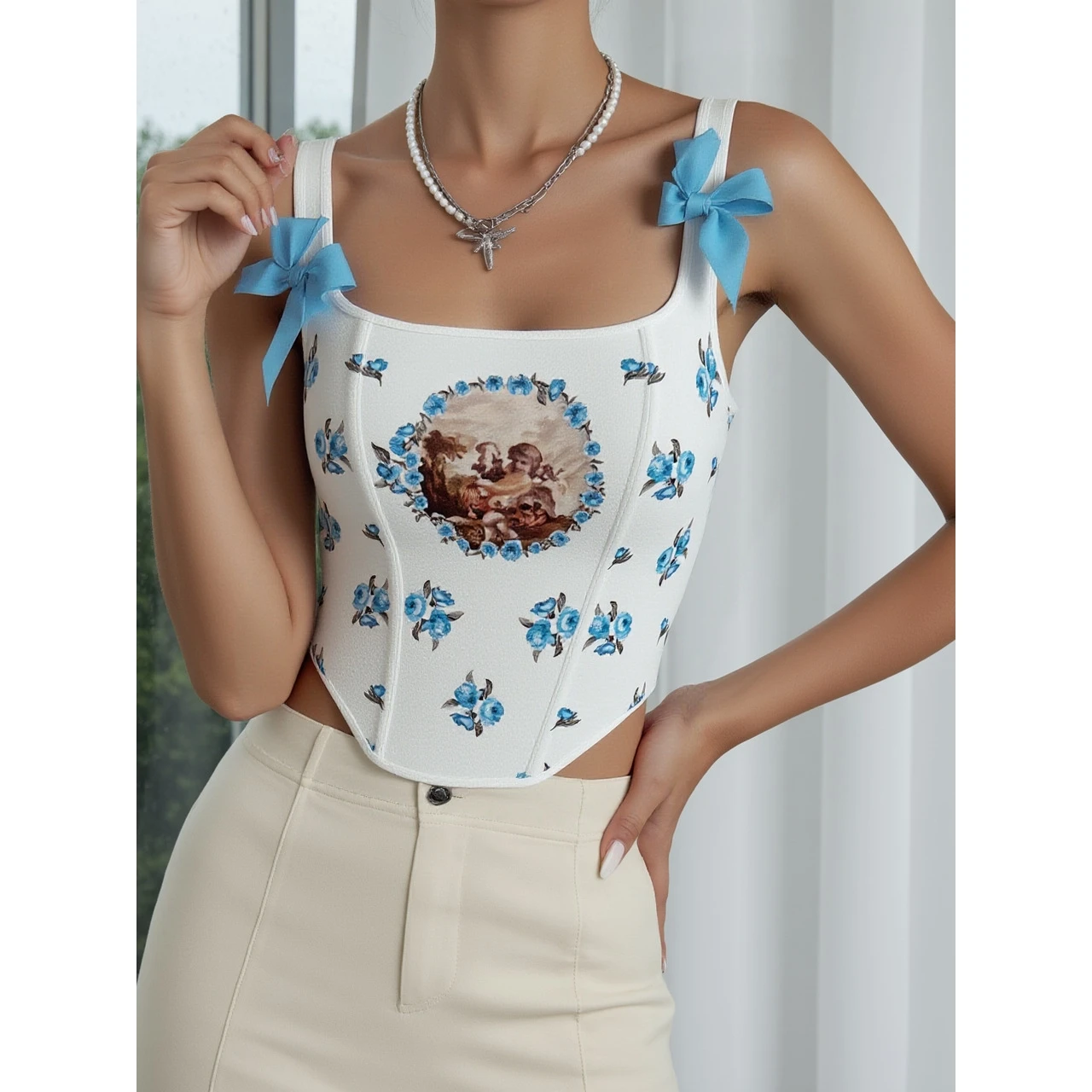 Sexy Fishbone Print Wrap Chest Strapless Backless Crop Top for Women Trendy European Style Splice Waist Cinched Hot Girl