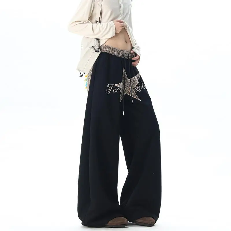American Leopard Print Patchwork Embroidered Wide-leg Unisex Streetwear Sporty Cool Loose-fitting Autumn Fashion Pants Gothic