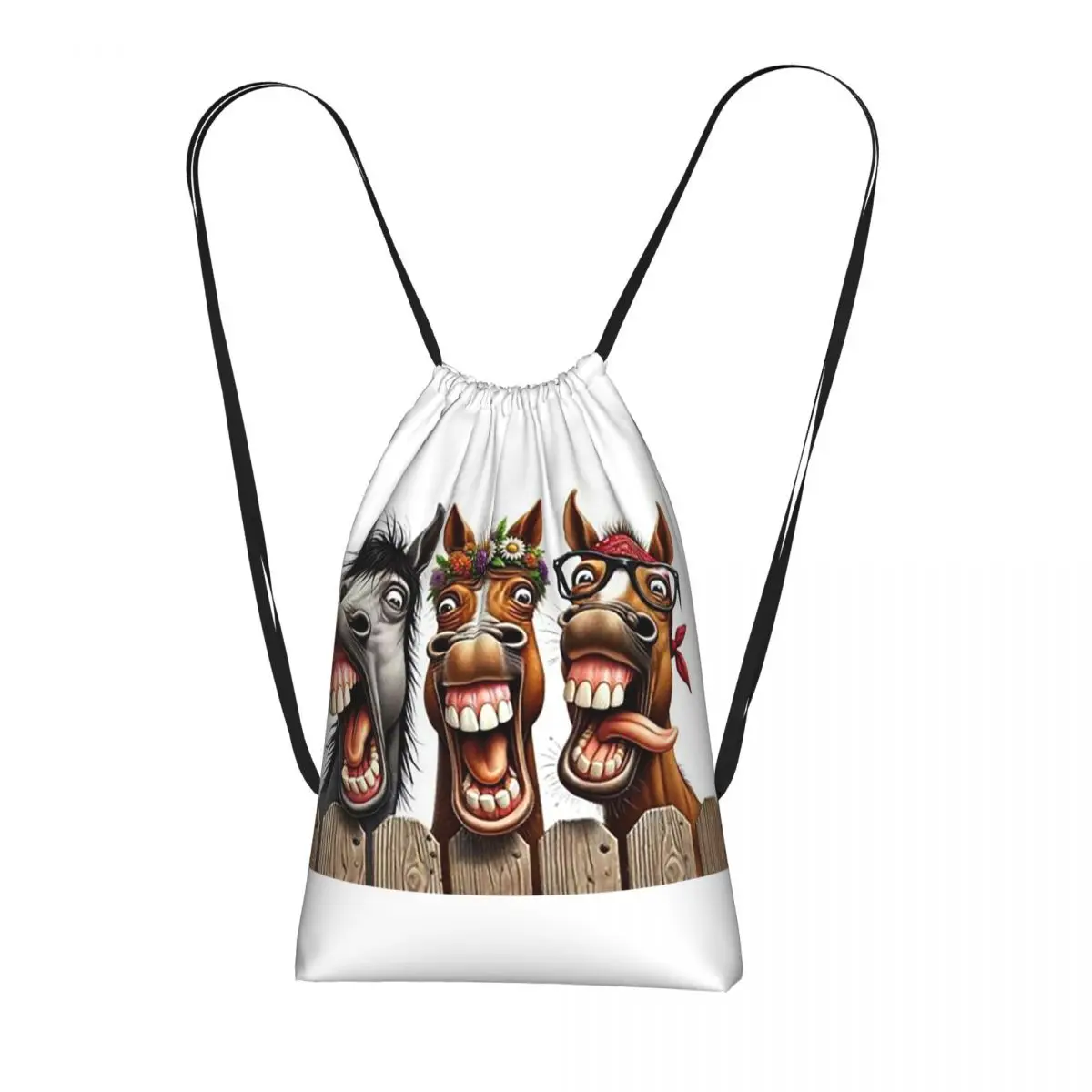 Three Cartoon Horse Fences Backpacks Portable Drawstring Bundle Pocket Sports Bag Book Bags for Man Woman Students