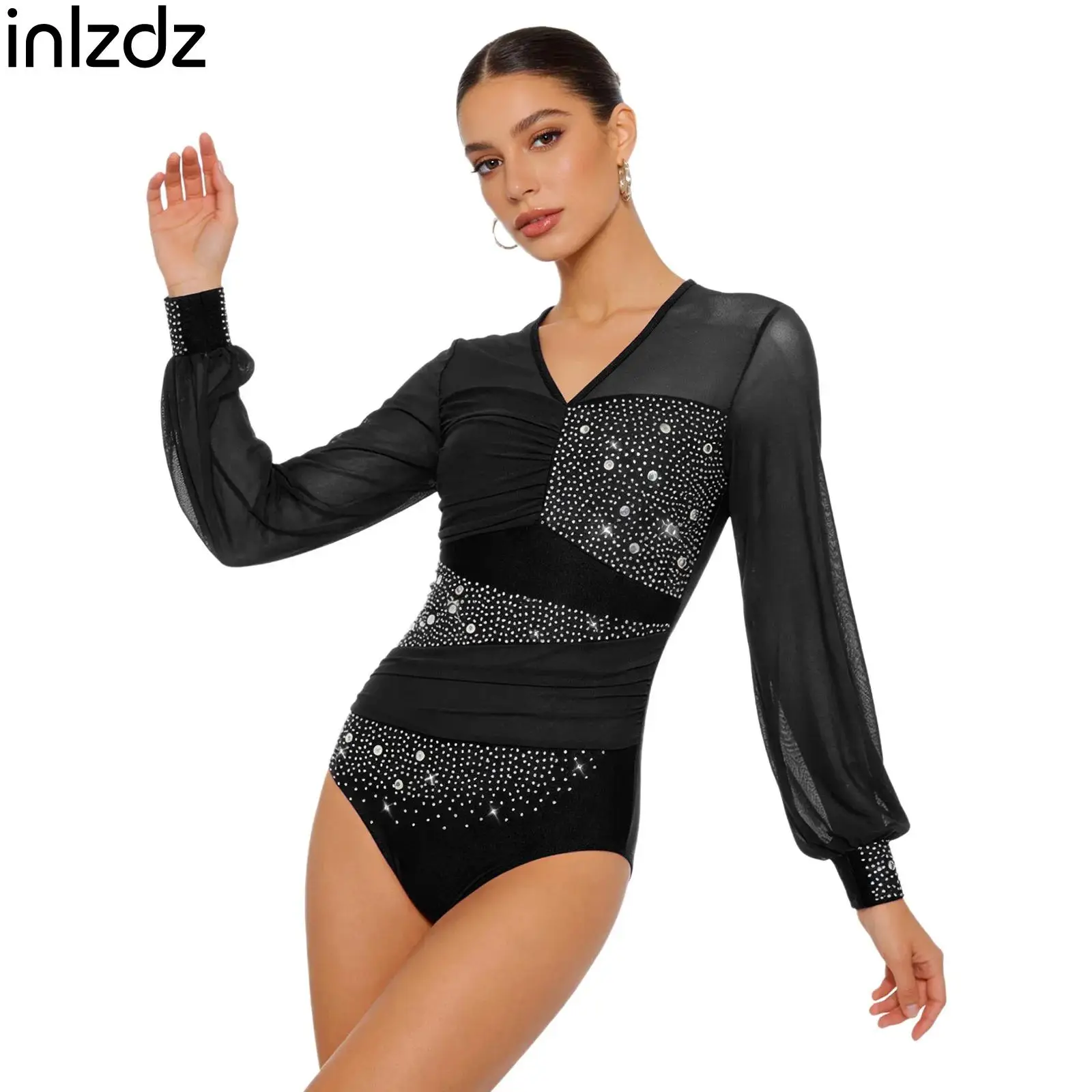 

Womens Shiny Rhinestone Sheer Mesh Ballet Latin Dance Leotard Long Sleeve Back Cutout Ruched Bodysuit for Ice Skating Gymnastics