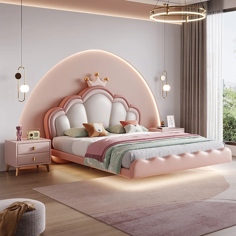 Cream Wind Children's Suspension Bed With Lights Modern Simple Girl Boy Soft Package Light Luxury Double Master Bedroom Bed