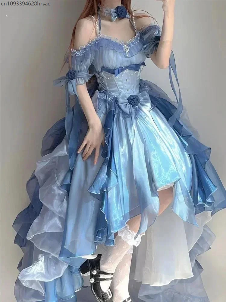 

2025 Blue Lolita Dress Heavy Industry Trailing Umbrella Princess Dress for Women Off-the-Shoulder Sweet Bow Irregular Dress