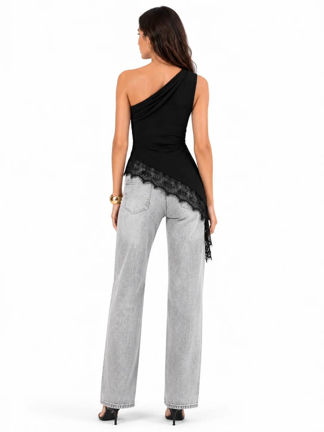 Women One Shoulder Asymmetrical Tank Top Metal Ring Decor Ruched Sleeveless Blouse Eyelash Lace Trim Irregular Hem Fitted Party Club Going‑Out Tops