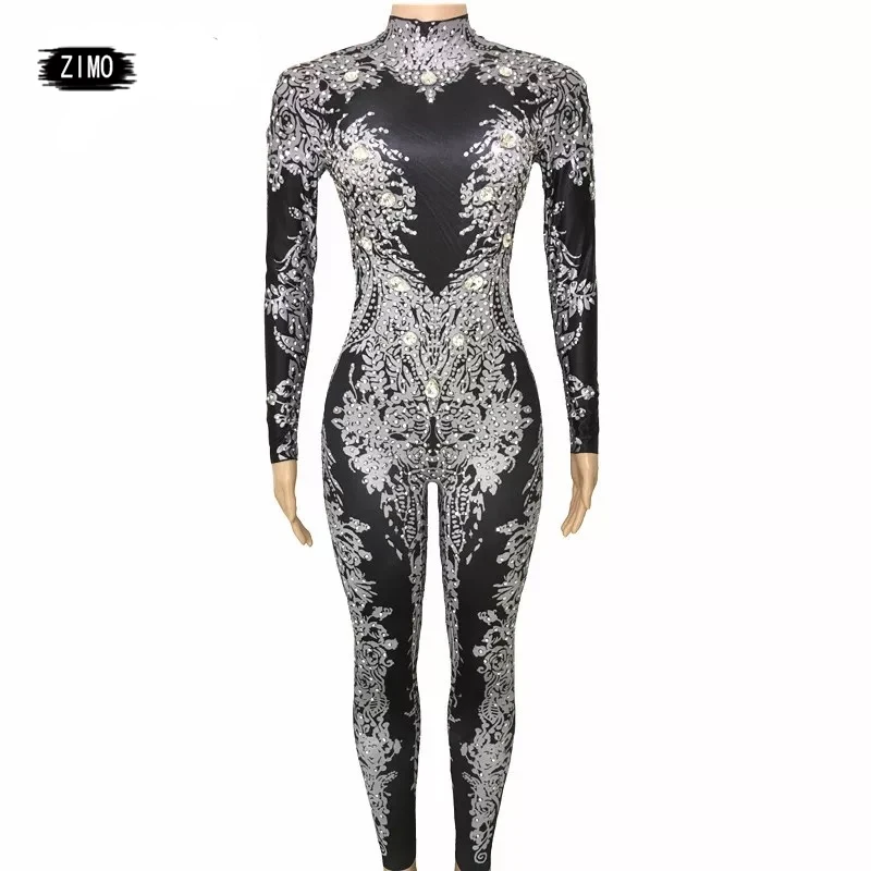 

DS Rhinestones Sparkly Jumpsuit Fashion Sexy Nude Big Stretch Dance Costume One-piece Bodysuit Birthday Outfit Party Leggings
