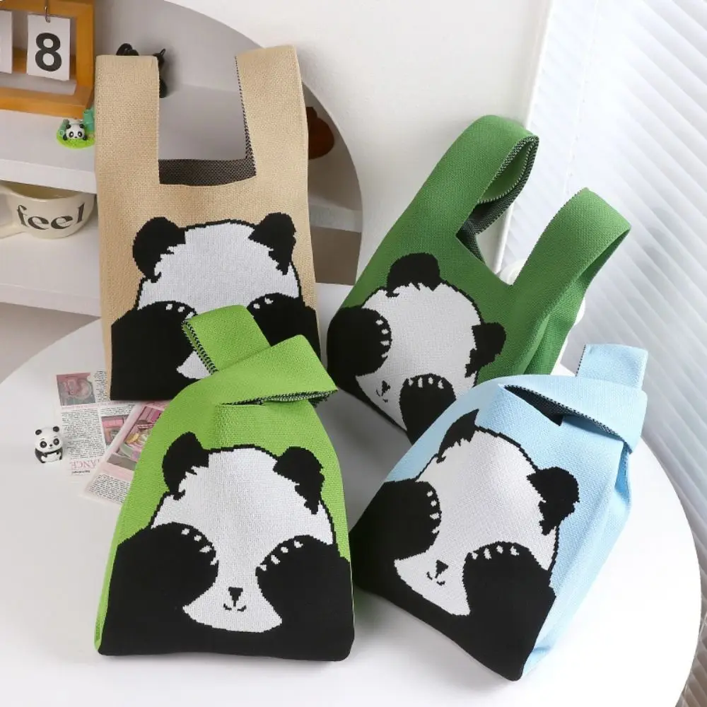 Cute Cartoon Panda Knit Handbag Women Knot Wrist Bag Casual Color Wide Tote Bag Student Shopping Bag For Women