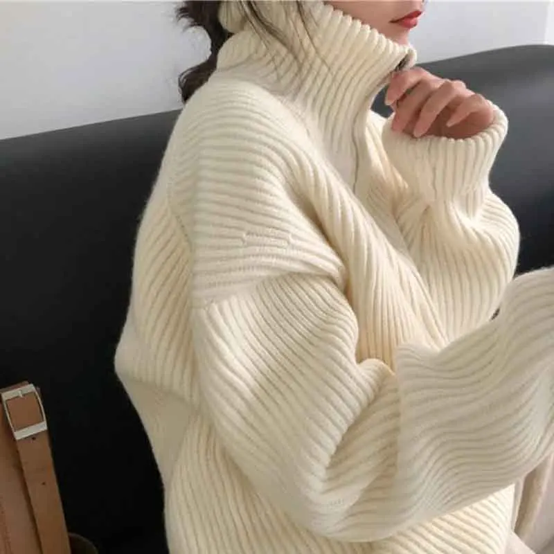 

Turtleneck Knitted Pullovers Women Autumn Warm Solid Zipper Long Sleeve Casual Jumper Fashion Loose All Match Sweaters