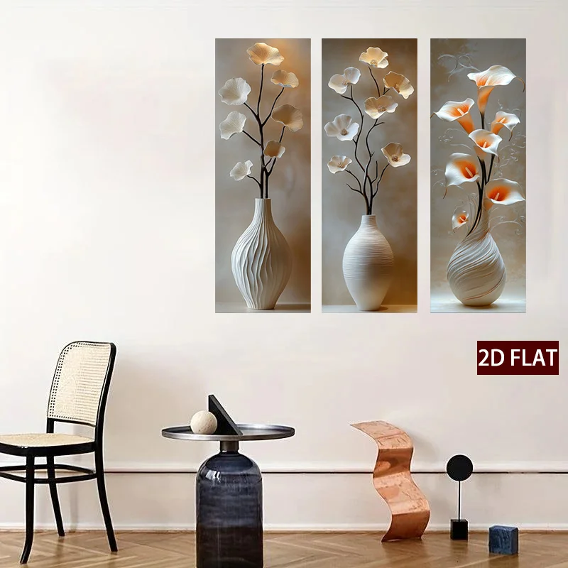 3Pcs Elegant White Vase Wall Stickers Single Size 20x60cm Soft Low‑Saturation Tones Show Gentle Upscale Style