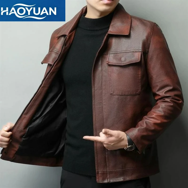 

Men's Cycling Jacket with Cowhide Pattern Casual Hiking Multiple Pockets Waterproof and Windproof Motorcycle PU Jacket