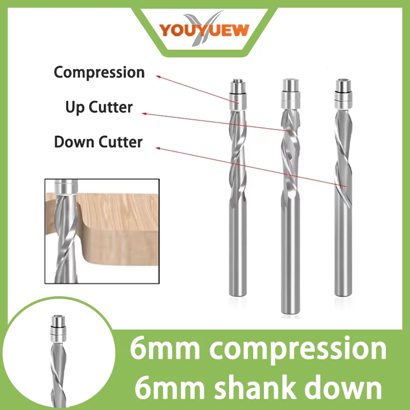 youyuew 1SPCS 6mm6.35mm Shank Solid Carbide Bearing Guided Two Flute Flush Trim Router Bits Woodworking Milling Cutters End Mill