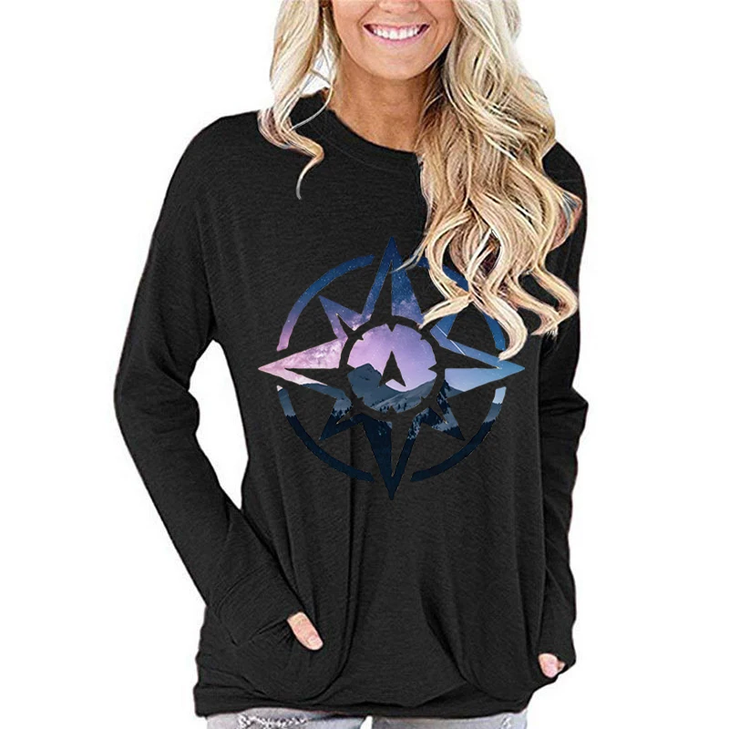 Fashion Women Long-sleeved T-shirt Mountain Compass Adventure Lover Gift Funny T Shirts Compass Flower Graphic Fall Long Sleeve