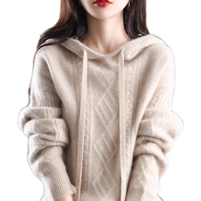 2025 Herfst/Winter nieuwe 100% pure wol hoodie vrouwen hooded losse trui gedraaide hoodie gebreide basis trui