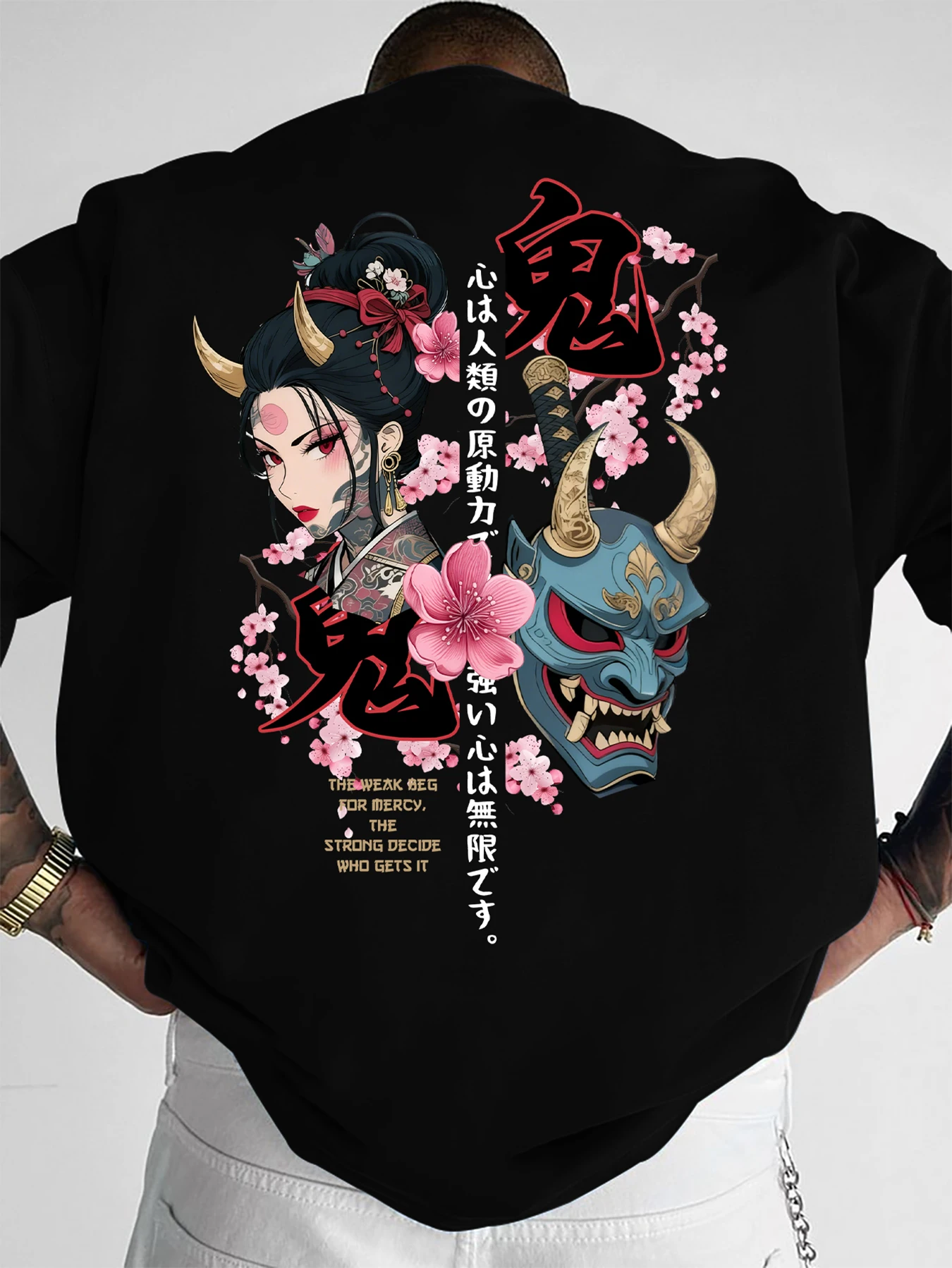 Men Japanese Oni Geisha Sakura Kanji Back Print Oversized Short Sleeve T-Shirt S-XXL