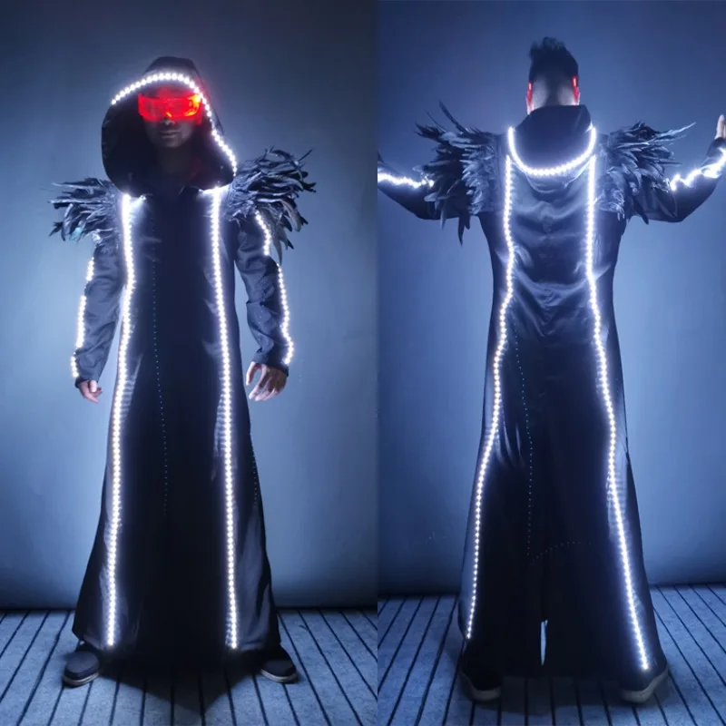 Capa con Capucha y Plumas Luminosas LED con Gafas, Disfraz de Halloween, Capa Iluminada para Hombres y Mujeres, Ropa de Cosplay de Vampiro Gótico para Escenario