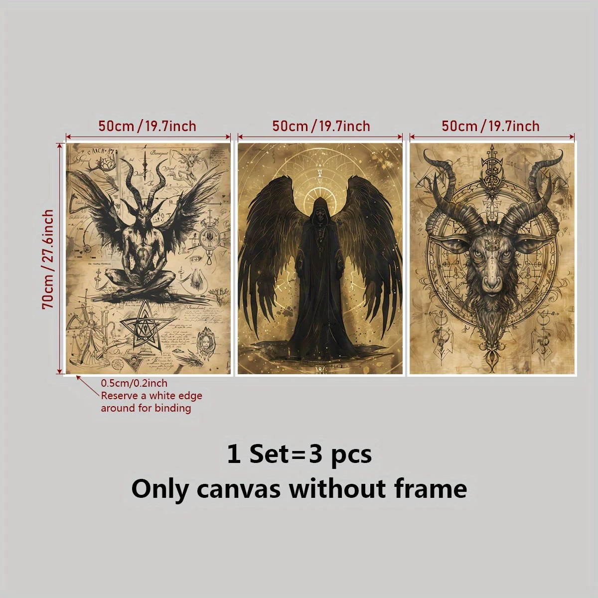 FramelessGothic Wall Art - 3pcs/Set Halloween Theme Canvas Posters, Satan, Goat Devil, Demon, Fallen Angel, Vintage Gothic Home