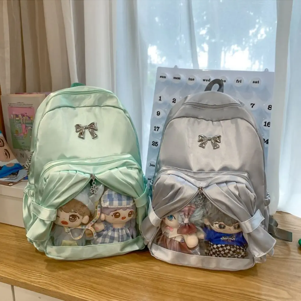 

Funny Large Capacity Transparent Pocket Curtain Backpack Nylon Clear Cotton Doll Itabag Creative Bow Badge Display Ita Bag JK