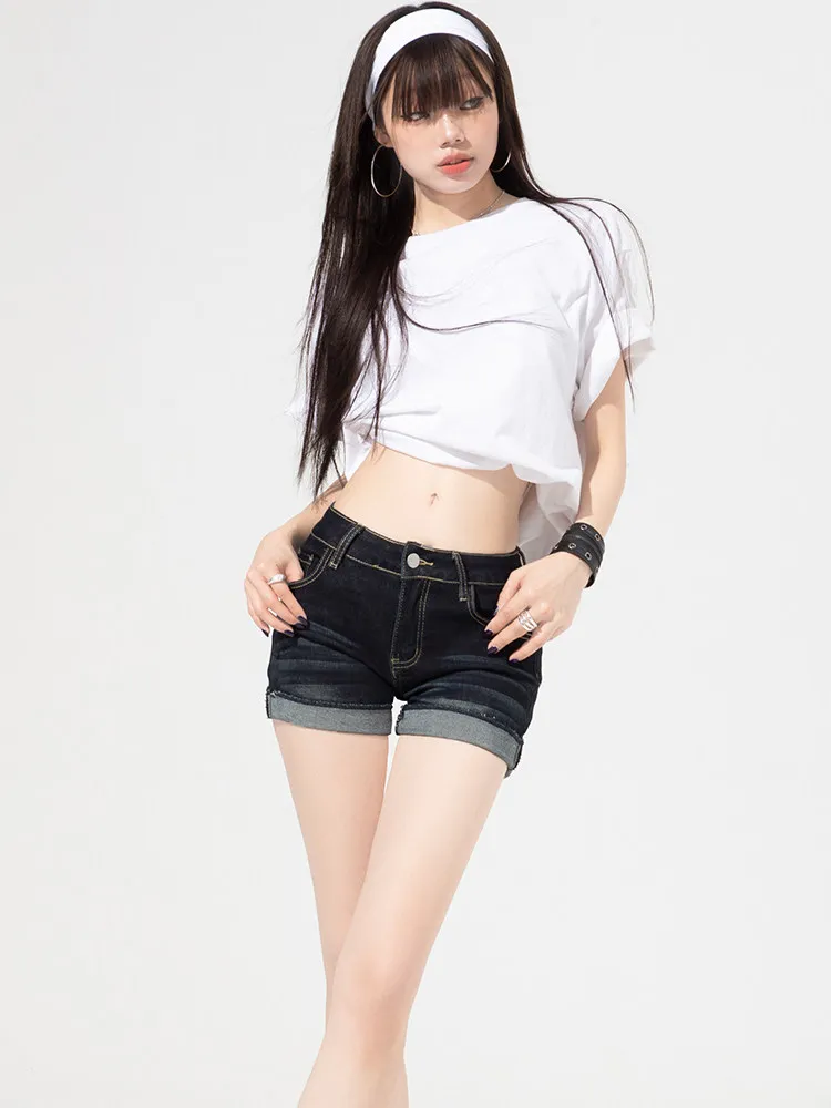 American Style Low Waist Sexy Hot Shorts Denim Pants Women Summer New Design Cuffed Black Shorts Spicy Girl Fashion