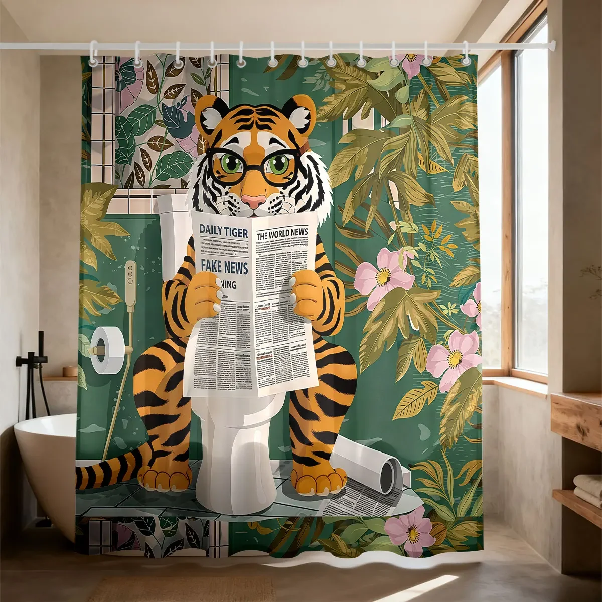 Leopard Tiger Shower Curtain Wildlife Animal Rose Floral Print Waterproof Fabric Bathroom Decor With Hooks