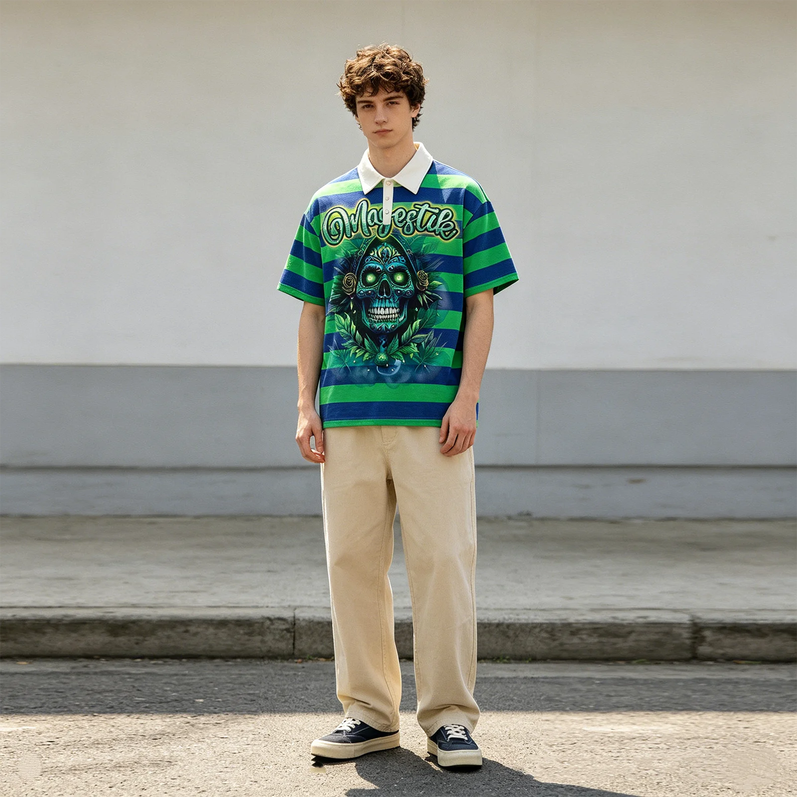 Striped Sugar Skull Polo Shirt for Men Rhinestone Letter Graphic Tshirt Tee Vintage Casual Short
