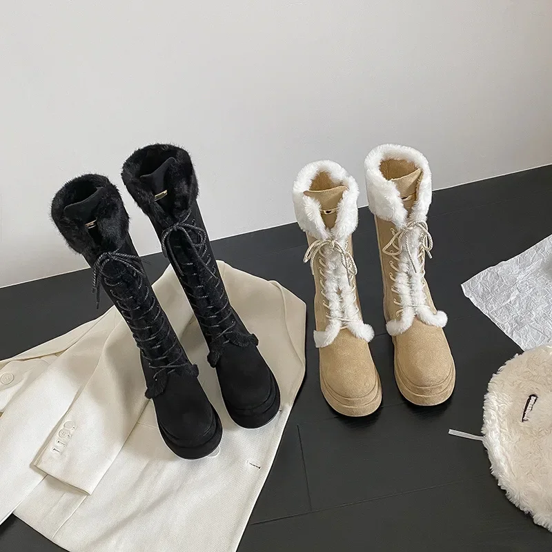 Snow Boots, Women's Fur and Leather Integrated, Winter New Thick Soled, Warm, Non Slip, Plush, and Thick Mid Length Cotton Shoes