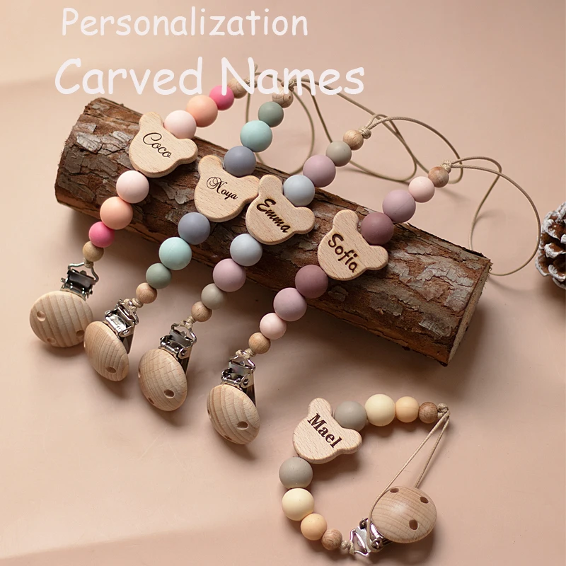 Custom Name Wooden Personalized Baby Pacifier Chain Silicone Bead Dummy Nipple Holder Guard Teether Pendant  Newborn Gift Stuff