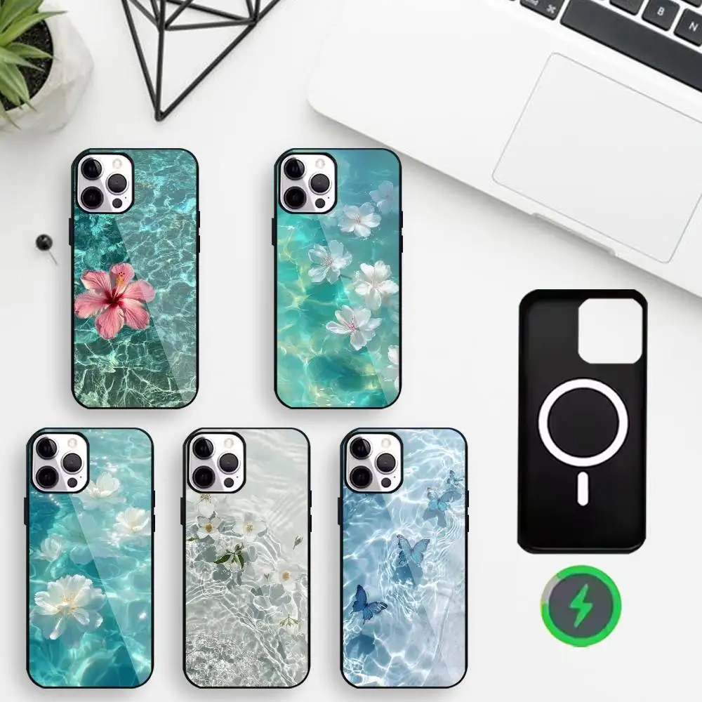 

Чехол для телефона с пульсацией воды и лепестками для iPhone 17,16,15,14,13,12,11, черный защитный чехол с беспроводной зарядкой Max