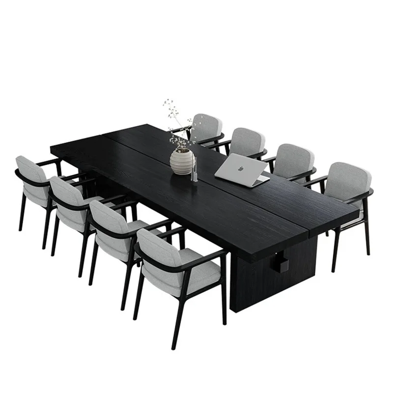 

Black light luxury solid wood desk modern log computer conference minimalist long large negotiation table and chair combination