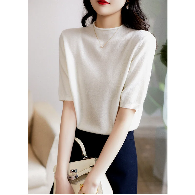 Casual Knitted Shirt Women Tops Summer 2024 Solid Loose Half-Turtleneck Blouse Women Clothing Fashion Chic Korean Clothes 13777