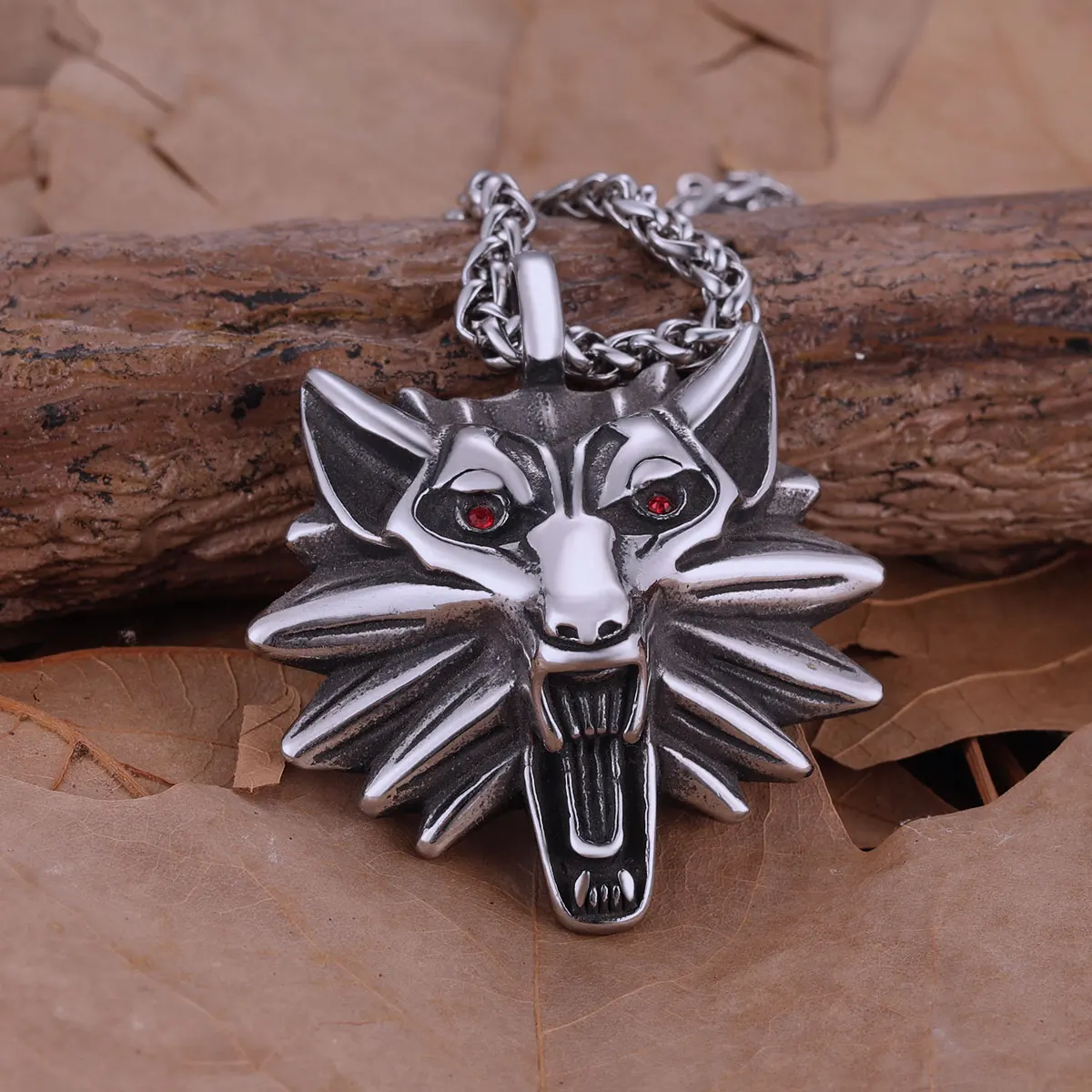 Vikings Edelstahl Wolfskopf Roter Zirkon Augen Anhänger Herren Kreatives Design Nordische Halskette