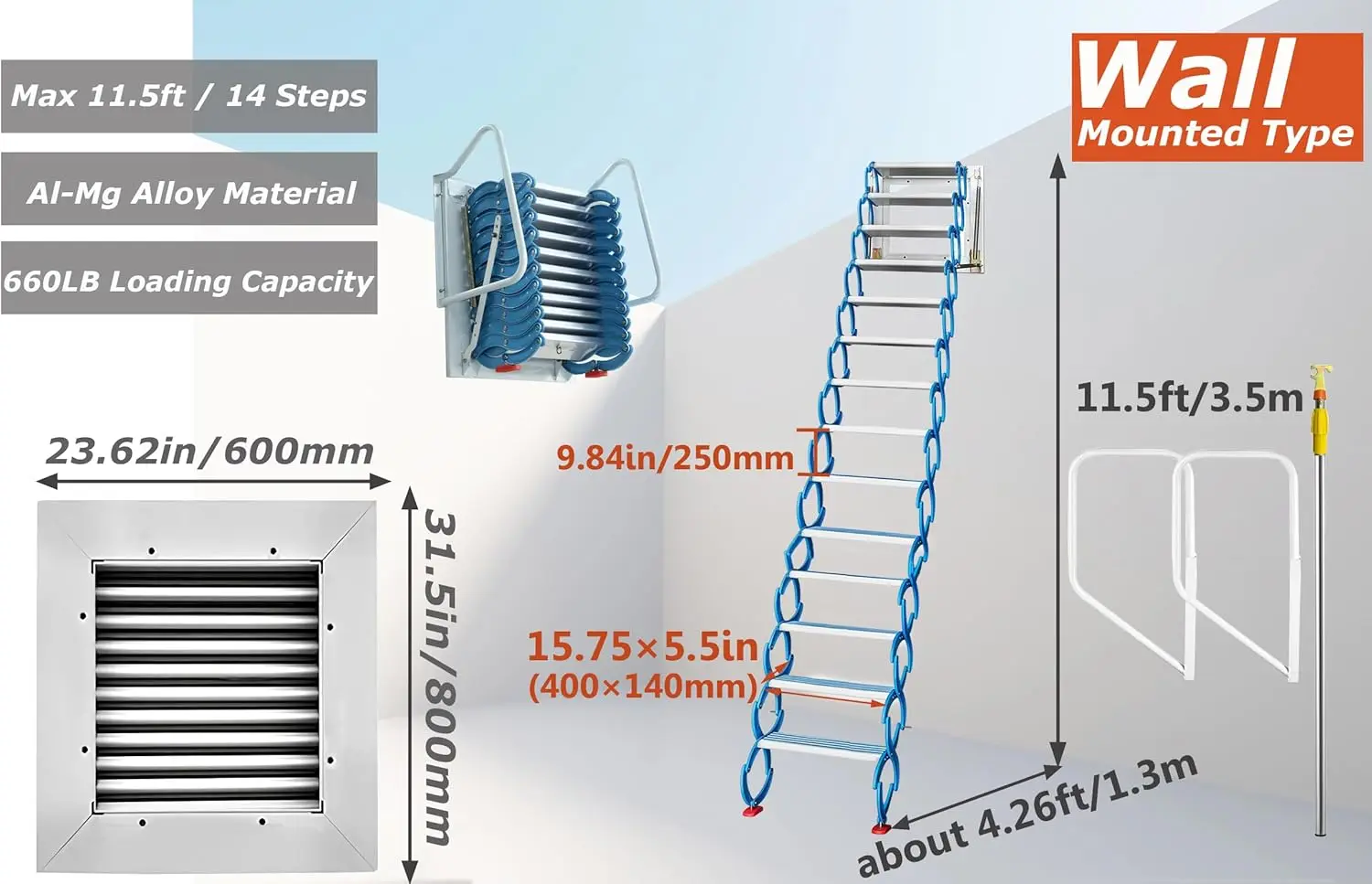 Intsupermai Attic Ladder Loft Stairs Attic Stairs Pull Down 14 Steps Wall Mounted Folding Stairs With Scissor Structure