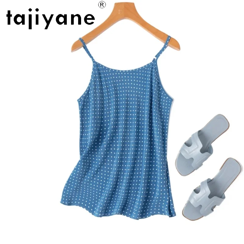 

TAJIYANE 100% Mulberry Silk Tanks Top Women Fashion Blue Dots Camisole Sleeveless Summer Tops High Quality Woman Clothes 2026топ