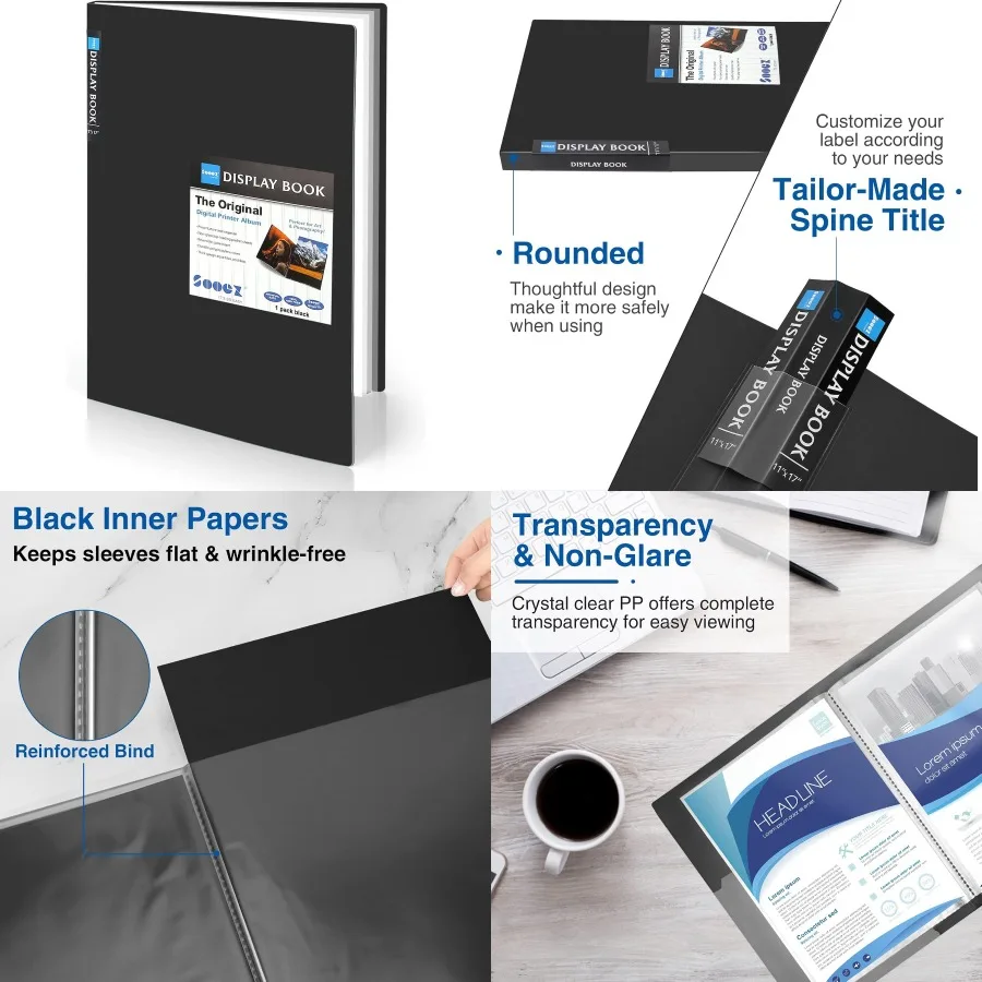 Sooez Art Portfolios Cartella portfolio grande 11x17 con 30 tasche e fogli interni neri per visualizzare 60 pagine, ideale per Arti