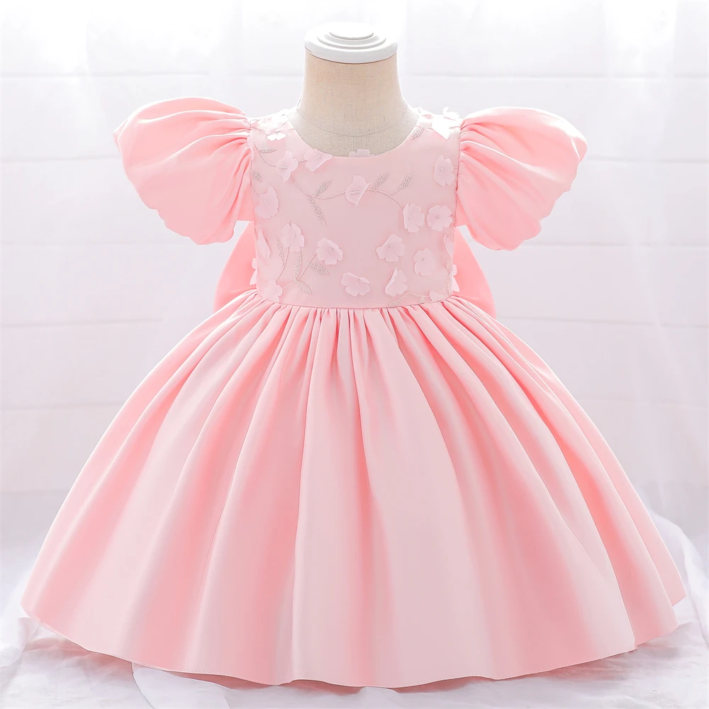 Elegant Baby Girl Flower Dress For Wedding Formal Bow Kids 1st Birthday Party Baptism Princess Dresses Children Puff Sleeve Gown