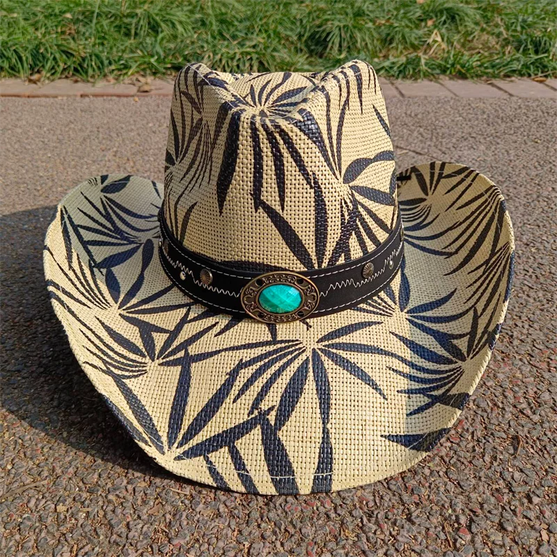 Cowboy Hat Fashion  Printing Old Straw Hat Men's Summer Outdoor Travel Beach Hat Unisex Solid Western Cowboy Hat