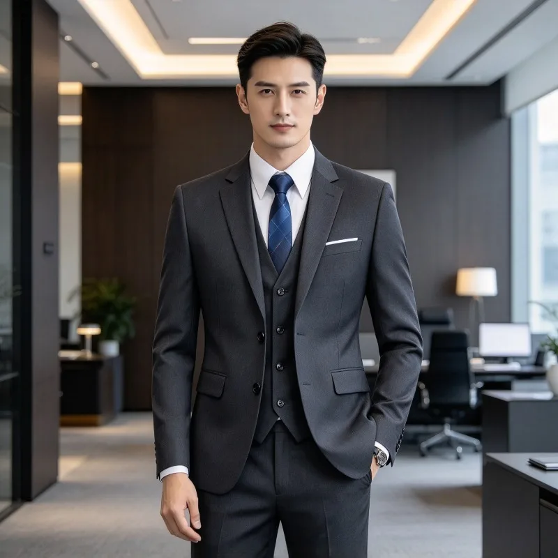 2026 (Blazer+vest+pants) Men's Fashionable and Formal Outdoor Gentleman Solid Color Men's Business Wedding Host Gentleman's Suit