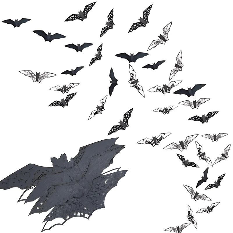 12-48PCS/Lot Black Bat Wall Decal Halloween Spooky Decor For Home Party Supplies Shop Window Dress Up Photo Booth Background ZYF