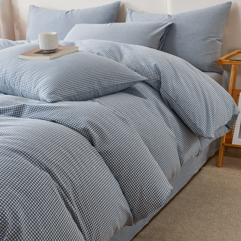 100% Cotton Bedding Set Yarndyed Fabric Striped Small Grid Duvet Cover Set King Queen Size for Bedroom, Soft Comfortable Flat Se