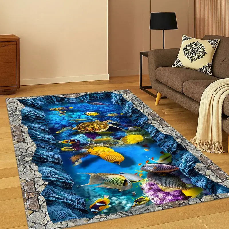3D Illusion Underwater World Marine Life Shark Dolphin Cartoon Carpet Rug for Bedroom Living Room Sofa Doormat kids Non-slip
