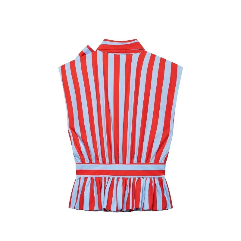 2026 New Color Block Striped Women Sleeveless Blouse Bow Decor Waist Cinched Peplum Top Casual Daily Streetwear Outfits