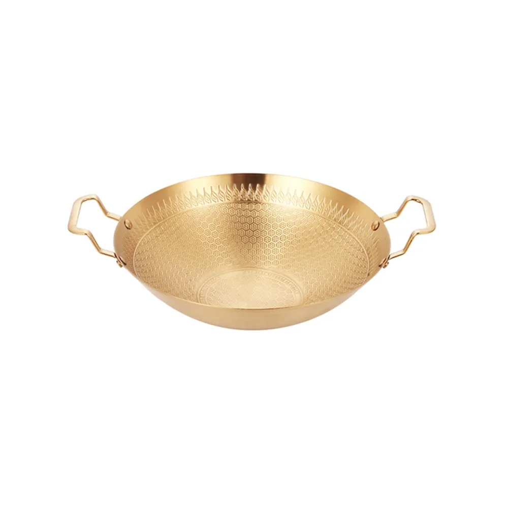 

Korean Style Honeycomb Pattern Spicy Pot Non Stick Stainless Steel Dry Boiler Round Bottom Double Handle Camping Wok Restaurant