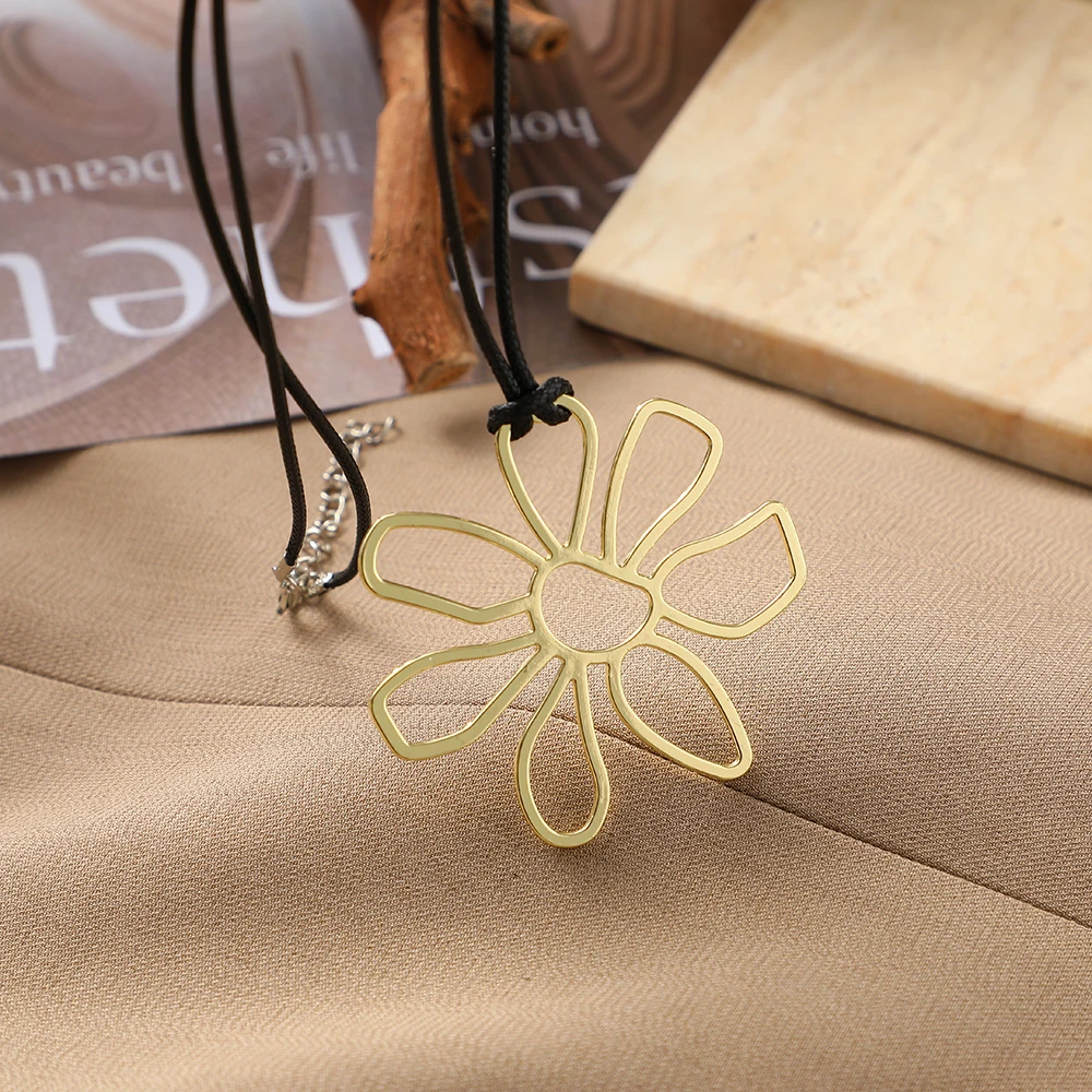 Vintage Bohemian Large Hollow Flowers Charms Pendant Necklace With Black Faux Suede Cord Long Necklace Handmade Jewelry image 2