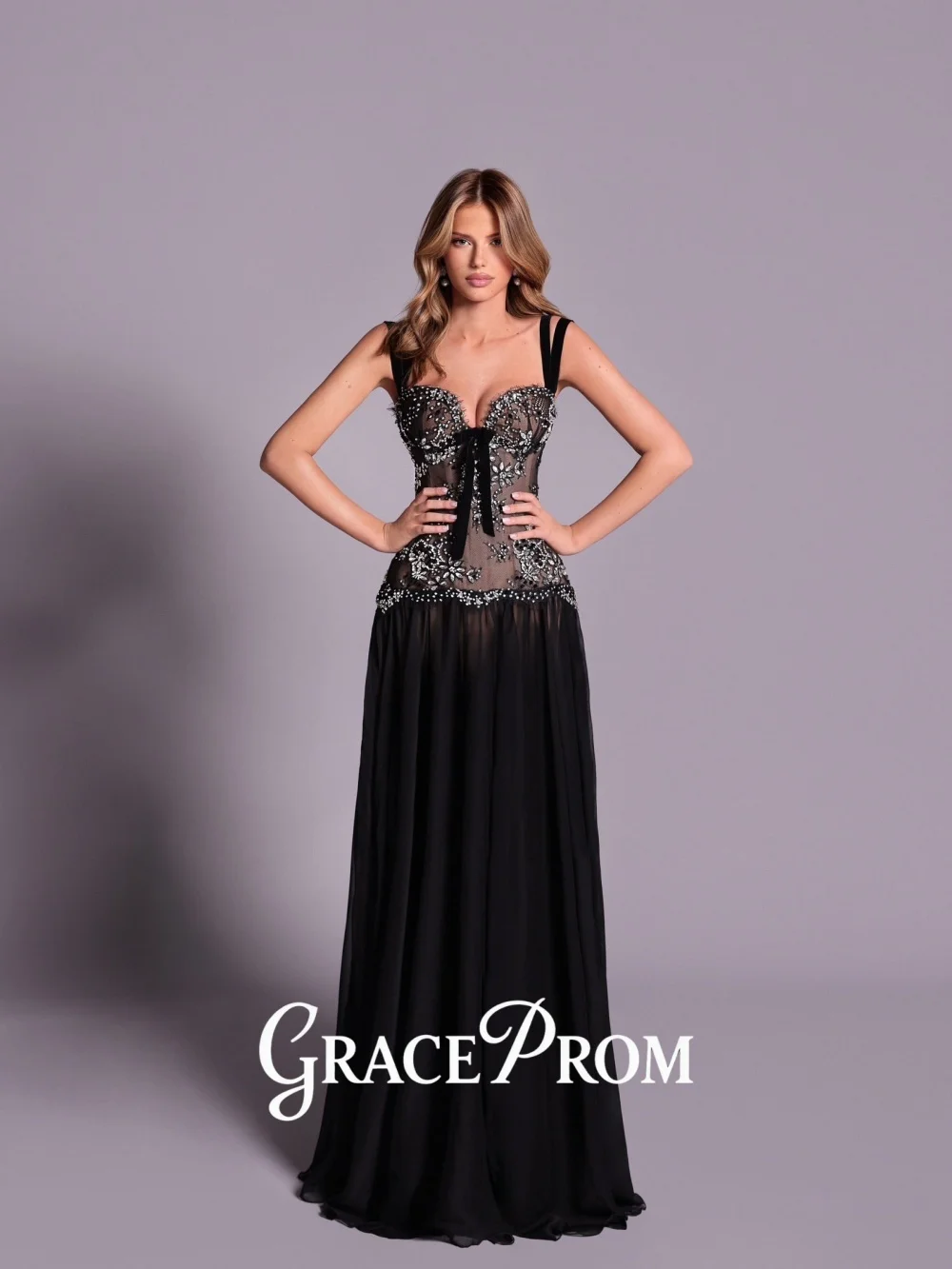 

GraceProm Trendy Spaghetti-Strap Evening Dress 2026 Sheer-Lace Carpet Gown Elegant A-Line Floor-Length Party Gown فساتين