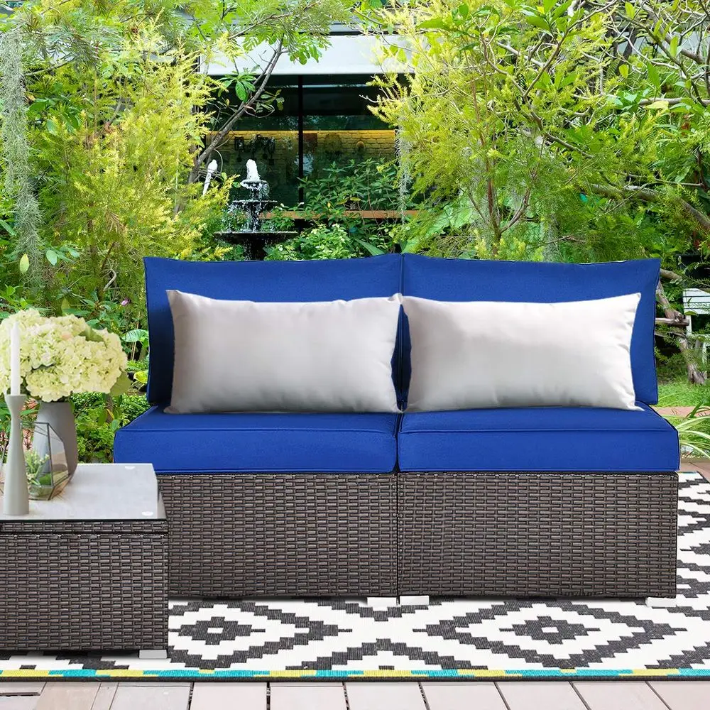 

2 PCS Outdoor Wicker Armless Sofa, Patio Rattan Sectional Sofa Set w 2 Thick Seat Cushions and 2 Back Cushions, Additional Seat