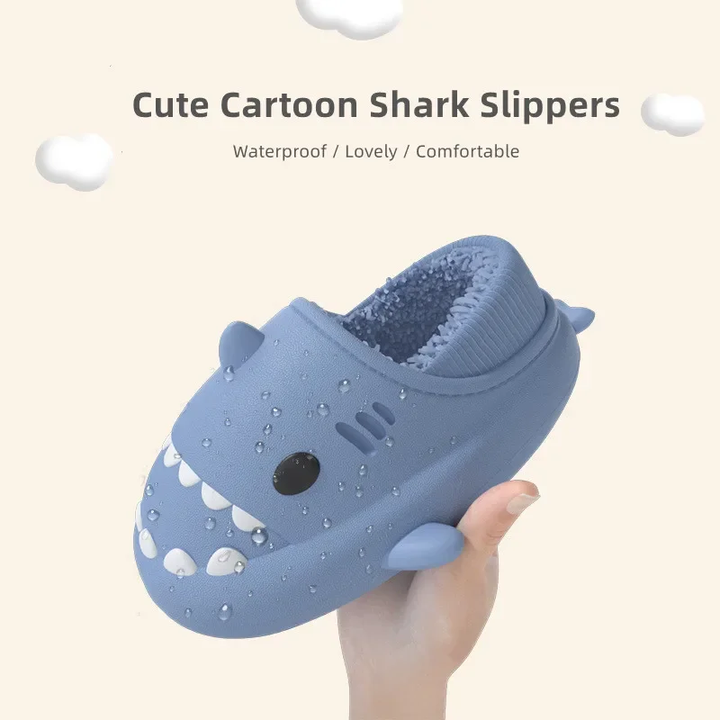 New Shark Slippers Women Men Winter Warm Plush Cartoon Cotton Shoes Soft Comfort Non-Slip Waterproof Home Outdoor Furry Slides