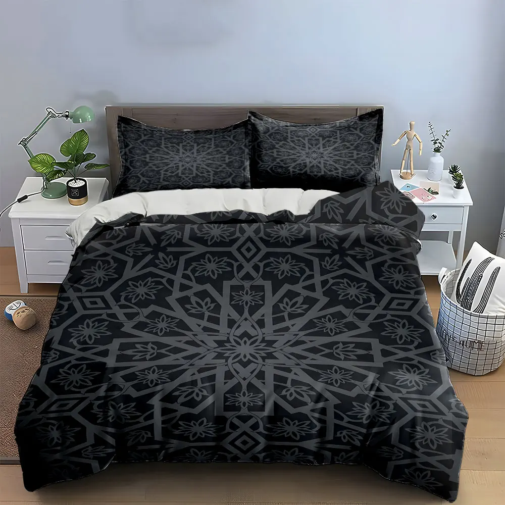 3Pcs Arabic Floral Pattern Bedding Set, Symmetrical Black and Grey Geometric Art Print Duvet Cover, Ethnic Style