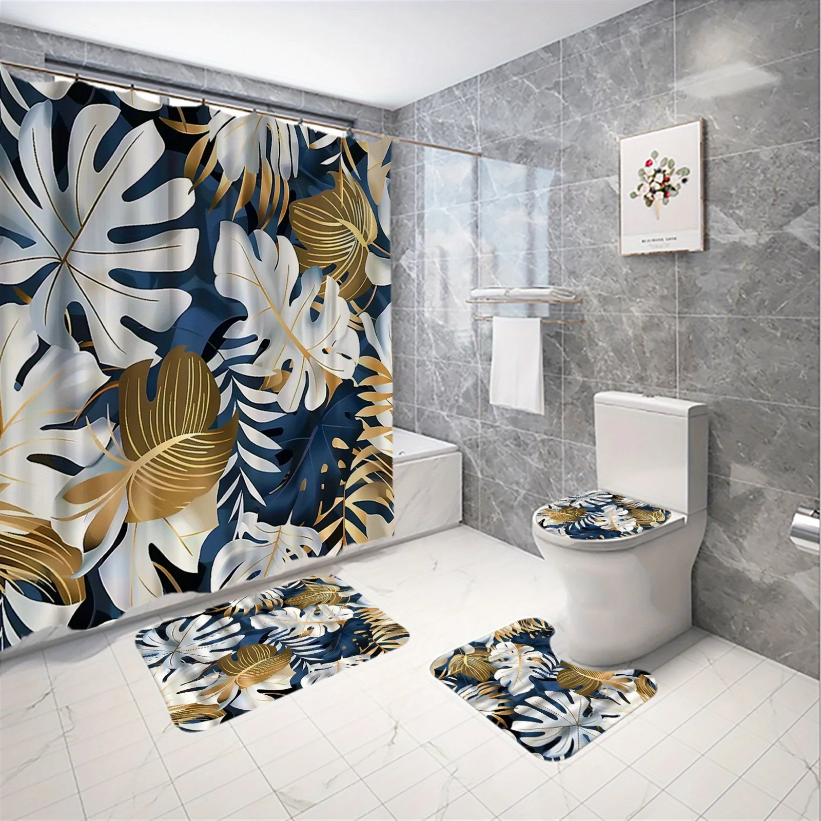 

4pc Monstera and palm leaf patterned bathroom set, U-shaped mat, non-slip mat, toilet seat cover, shower curtain